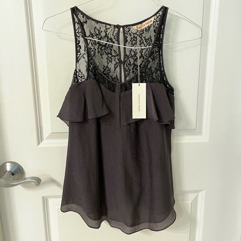 NWT Rebecca Taylor lace and ruffle textured crepe tank